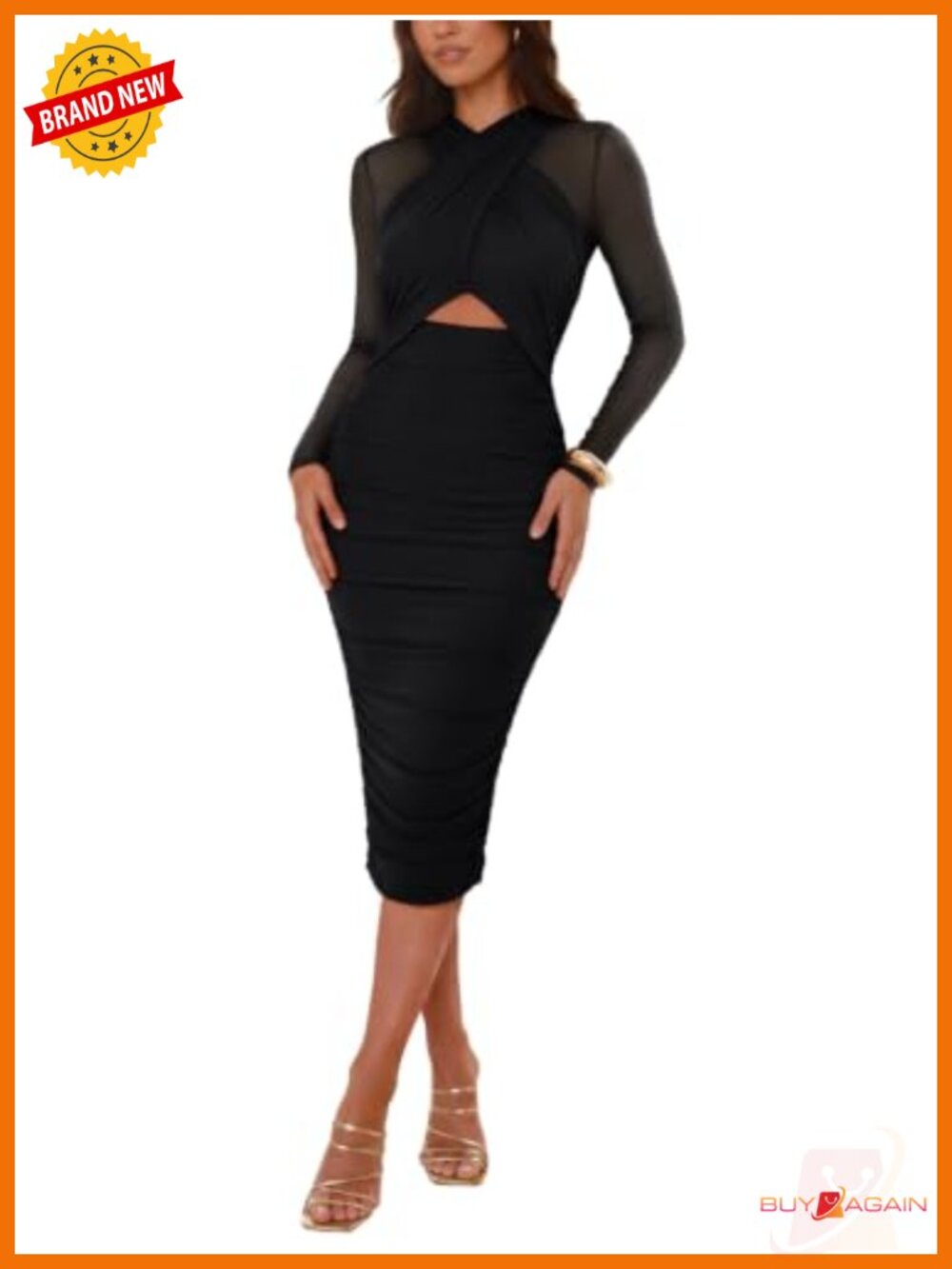 REORIA Women Mesh Long Sleeve Midi Dress Bodycon Ruched Club Night Out